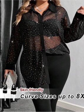 Women’s plus size SHEIN Black Sheer polka dot  Button-Down Shirt size 8XL 32/34